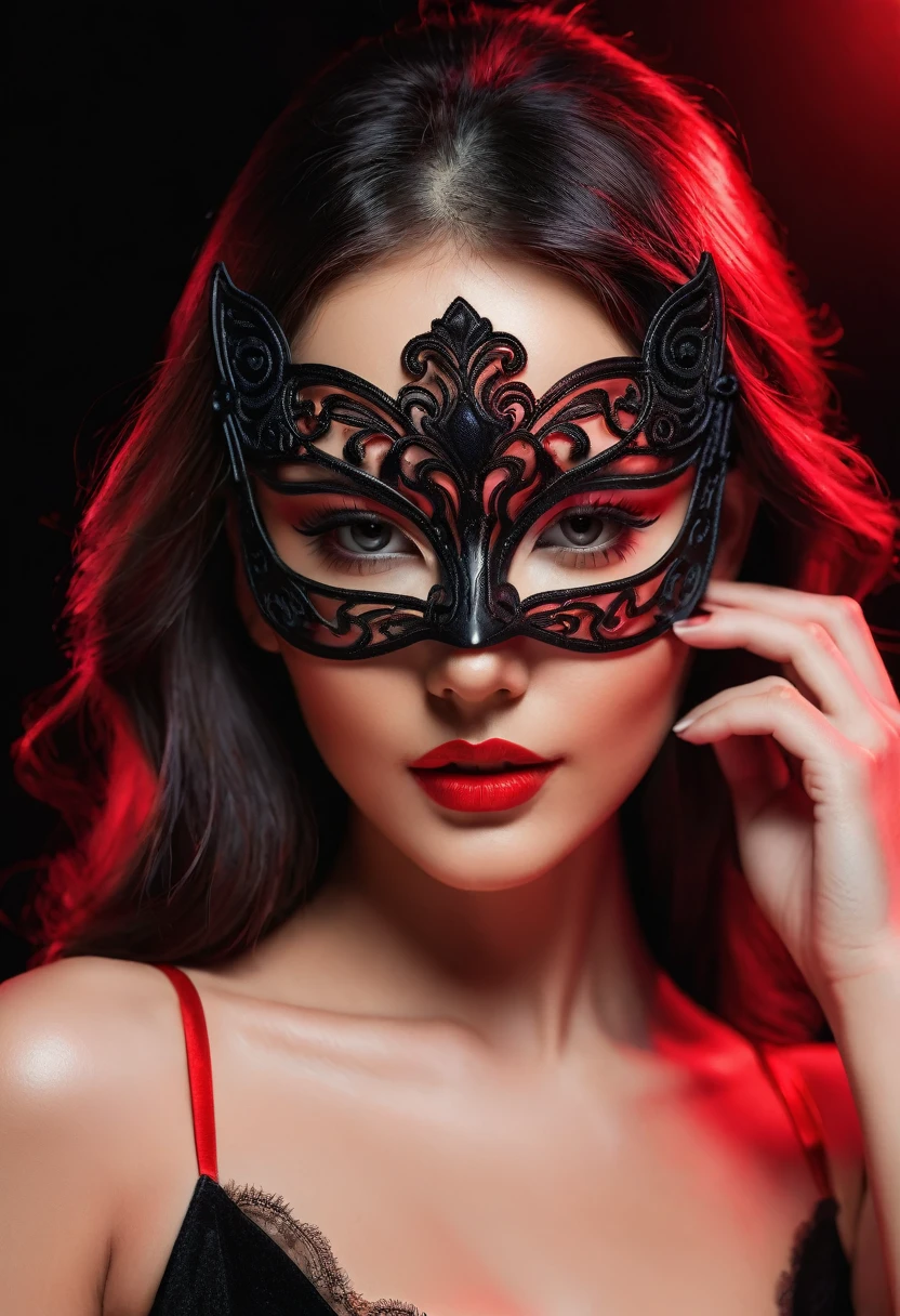 woman with a sensual mask, fashion sexy, black background, 8K, red light