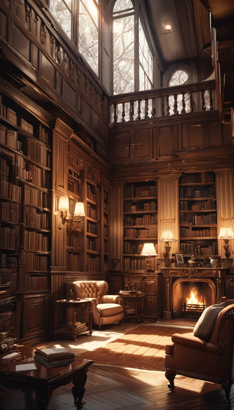 a large library interior with floor-to-ceiling bookshelves, a large window overlooking snow-capped mountains in the distance, a cozy fireplace, antique furniture, warm lighting, intricate architecture, elegant and sophisticated atmosphere, photorealistic, 8k, highly detailed, cinematic lighting, dramatic shadows, warm color tones
