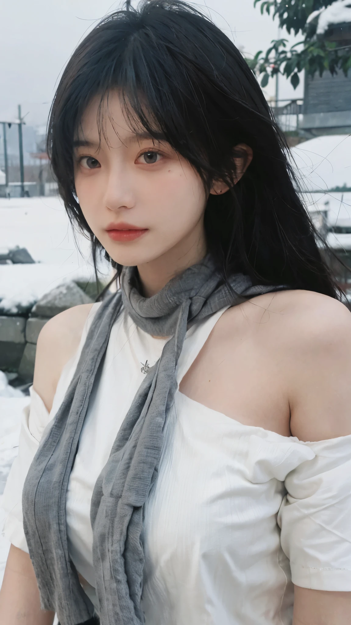 Portrait photography，1 girl，snow，Snow Scene，Heavy makeup，Bare shoulders，Lipstick，(Big breasts:1.4)，Shoulder-Length Wavy Hair，Wear a necklace，scarf，Earring short sleeves，serene，calm，(Realistic and detailed eyes，Natural skin texture，Realistic facial details)，whole body：1.4，