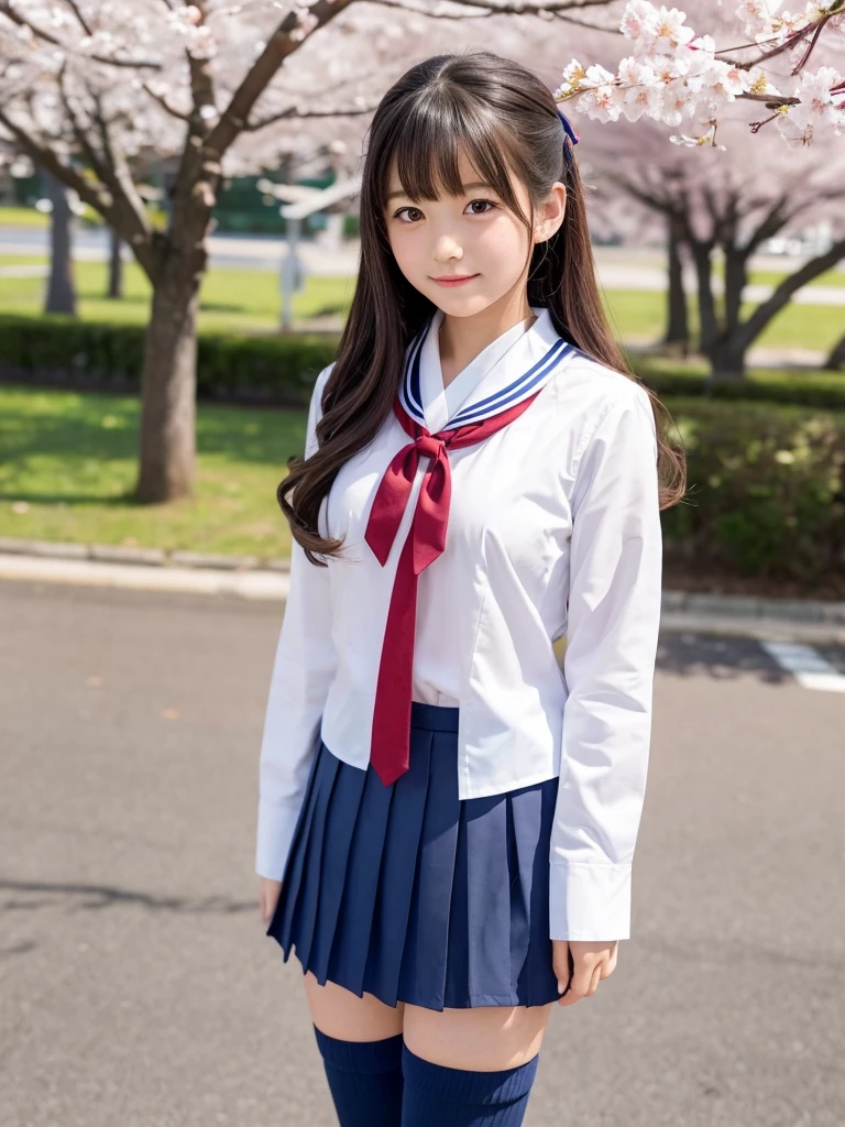 Cute school girl。Her hair is medium length、A little wavy。wearing a typical Japanese uniform、White blouse with navy pleated skirt、Wearing a red tie or ribbon。She also wears knee-high socks。She has a bright and friendly look、Standing in the schoolyard。There is a cherry blossom tree in the background、It's a bright, sunny day with a warm and welcoming atmosphere.。With a school bag on one shoulder、My hair is blowing in the wind。