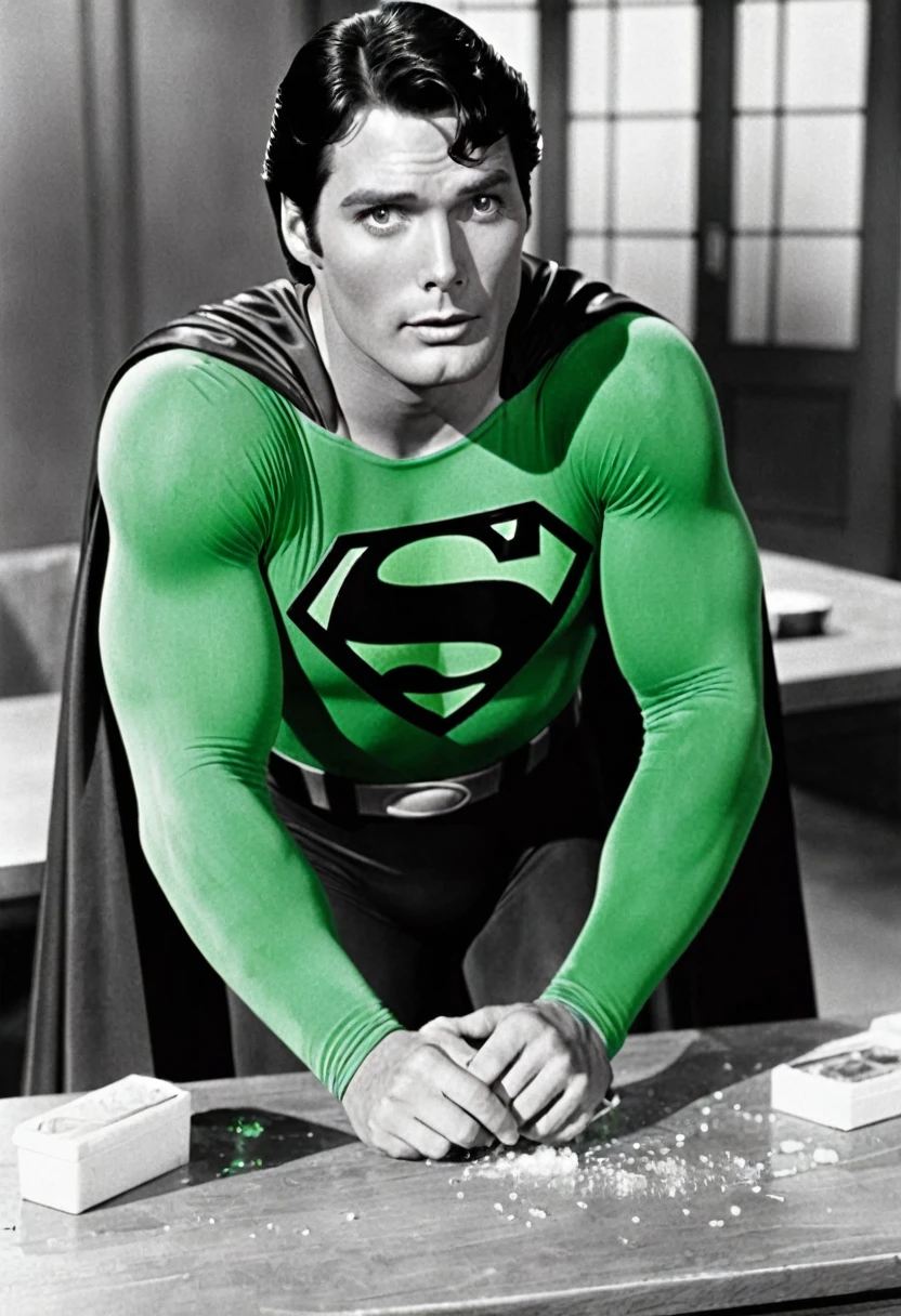 A Christopher Reeves Superman,  felling  Sick,  Kryptonite on a table