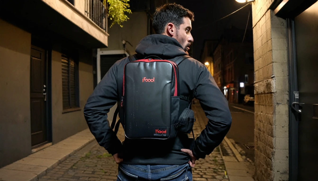 Ifood delivery man, large Ifood thermal backpack on his back, he has his back to the camera, right corner of the screen, sinister night, dark street, suspenseful atmosphere