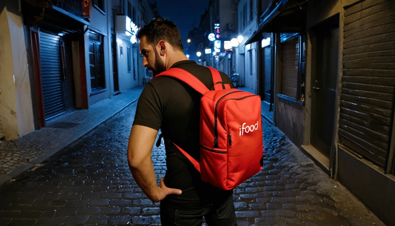 Ifood delivery man, large Ifood thermal backpack on his back, he has his back to the camera, right corner of the screen, sinister night, dark street, suspenseful atmosphere
