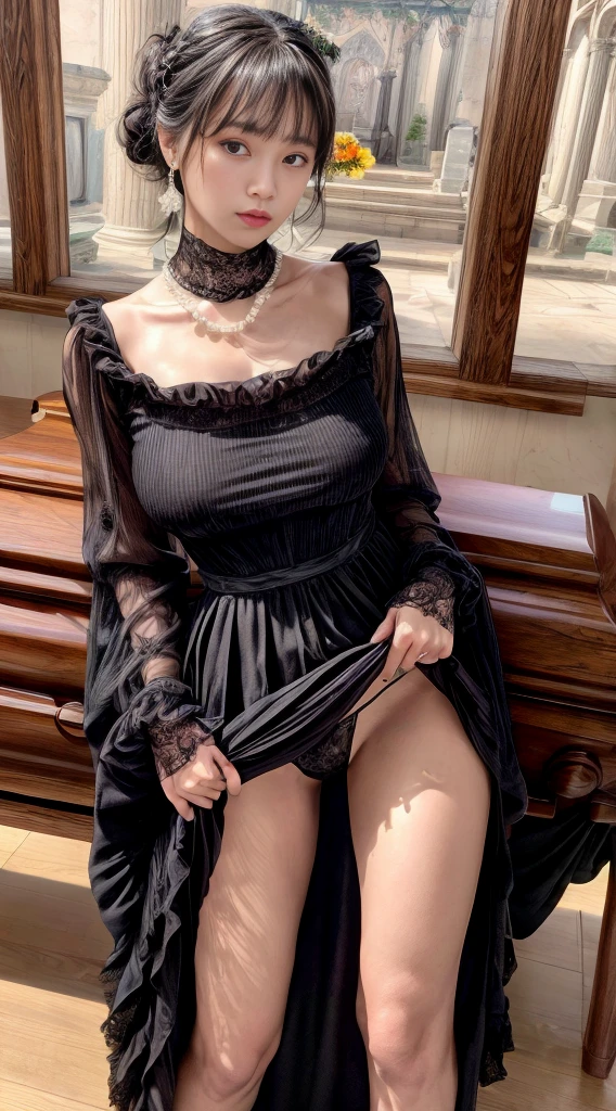Cowboy Shot、(Updo with bangs)、straggling hair、Black Hair、(Hanging Hair)、((widow))、((mourning dress))、((((Black long sleeve mourning clothes))))、(((Funeral場)))、((((Funeral))))、Black formal wear、Highest quality,(RAW Photos:1.2)、(Realistic:1.4),(High resolution:1.4), 1 Girl, Written boundary depth,, Exquisitely crafted,8K, Very detailed, Perfect lighting, Spectacular Background、((Delicate painting)),(の詳細なRAW Photos),(Highest quality:1.6), (超High resolution:1.5), (Realistic:1.75), 8K resolution, Canon EOS R5, 50mm, Very detailedな,Cinema Lighting,Correct finger、sit、((Spread your legs))、((((Skirt flip))))、Ultra Sexy Panties、Pearl Necklace、Pearl Earrings、(Clothing that covers the chest)、((There is a coffin))、((Minimally revealing clothing))、(The altar is decorated with a bouquet of chrysanthemums..)、candlestick、