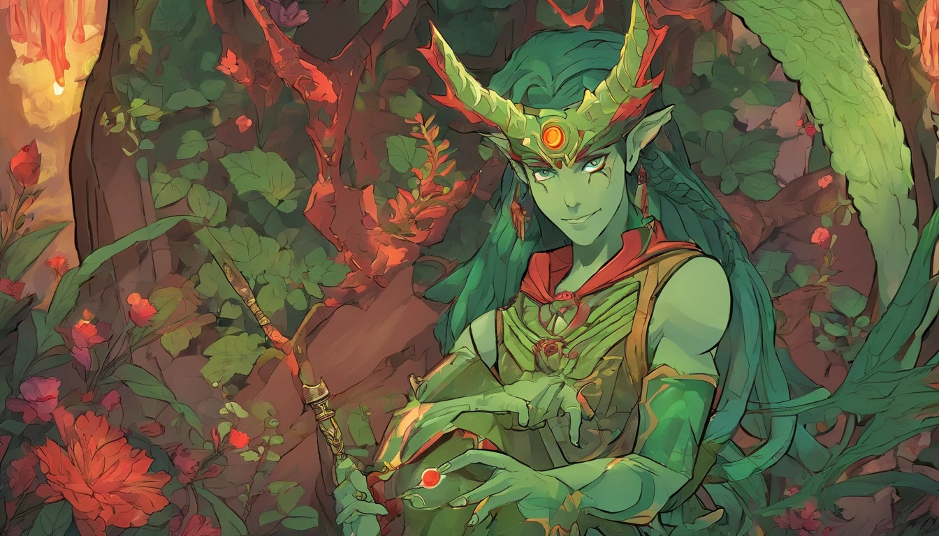 Ancient anime style, artbook, comicbook, RPG, futuristic medieval. A fairy demon elf wizard, wearing green technological medieval magic armor with glowing magic markings, dynamic pose, full body, human face with glowing green magic tribal tattoos with fancy tones, demon and fairy features, horn with glowing red magic markings, tail of red devil, blooming green fairy wing, matte red magic stone skin with glowing carved marks, glowing eyes, wearing a red technological demon horn magic dagger with glowing magic circuits. In a magical forest, with magical flourishing vegetation. Wide scenery, cinematic scene with several layers of depth, dynamics, magical lighting.