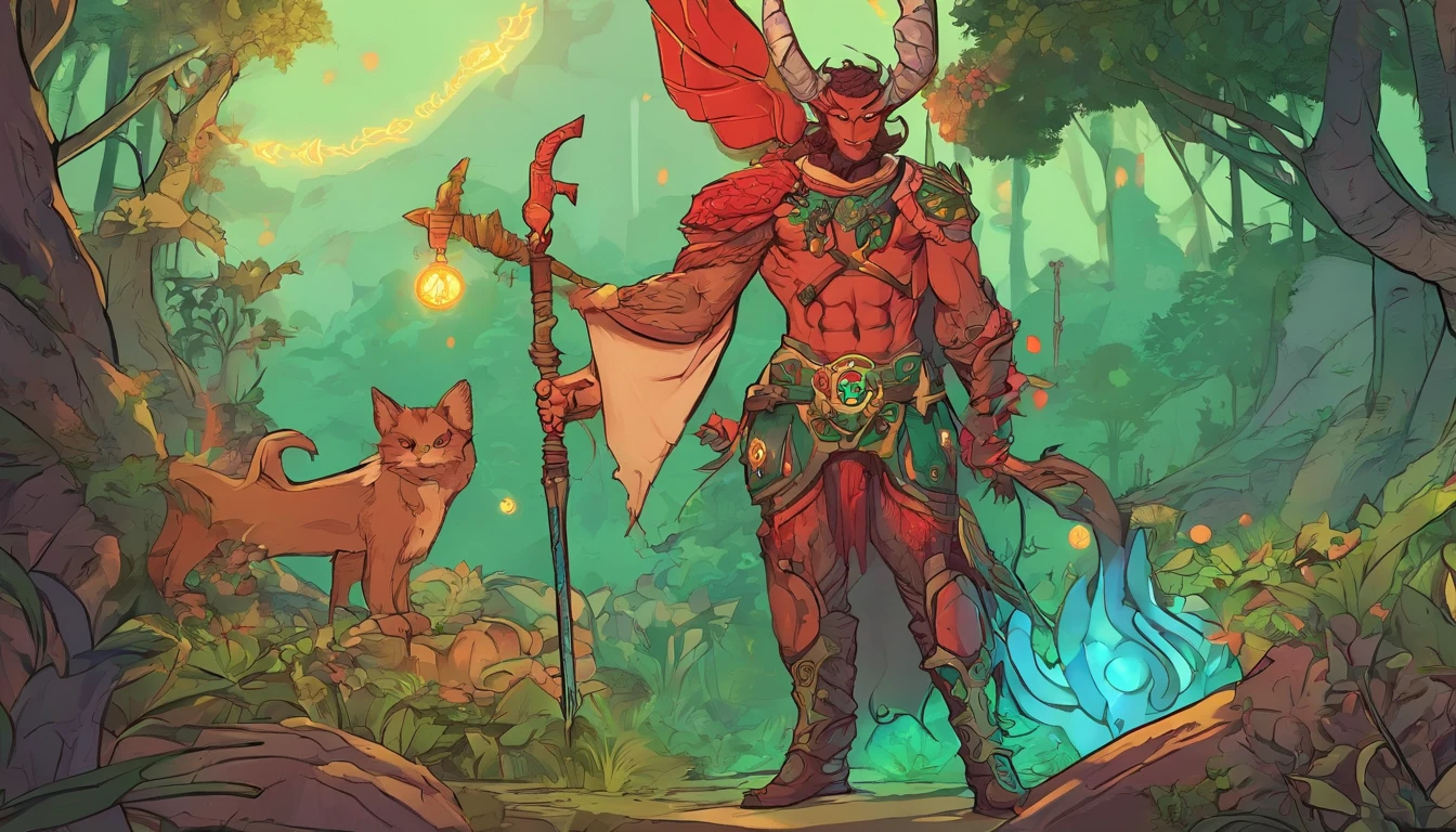Ancient anime style, artbook, comicbook, RPG, futuristic medieval. A fairy demon elf wizard, wearing green technological medieval magic armor with glowing magic markings, dynamic pose, full body, human face with glowing green magic tribal tattoos with fancy tones, demon and fairy features, horn with glowing red magic markings, tail of red devil, blooming green fairy wing, matte red magic stone skin with glowing carved marks, glowing eyes, wearing a red technological demon horn magic dagger with glowing magic circuits. In a magical forest, with magical flourishing vegetation. Wide scenery, cinematic scene with several layers of depth, dynamics, magical lighting.