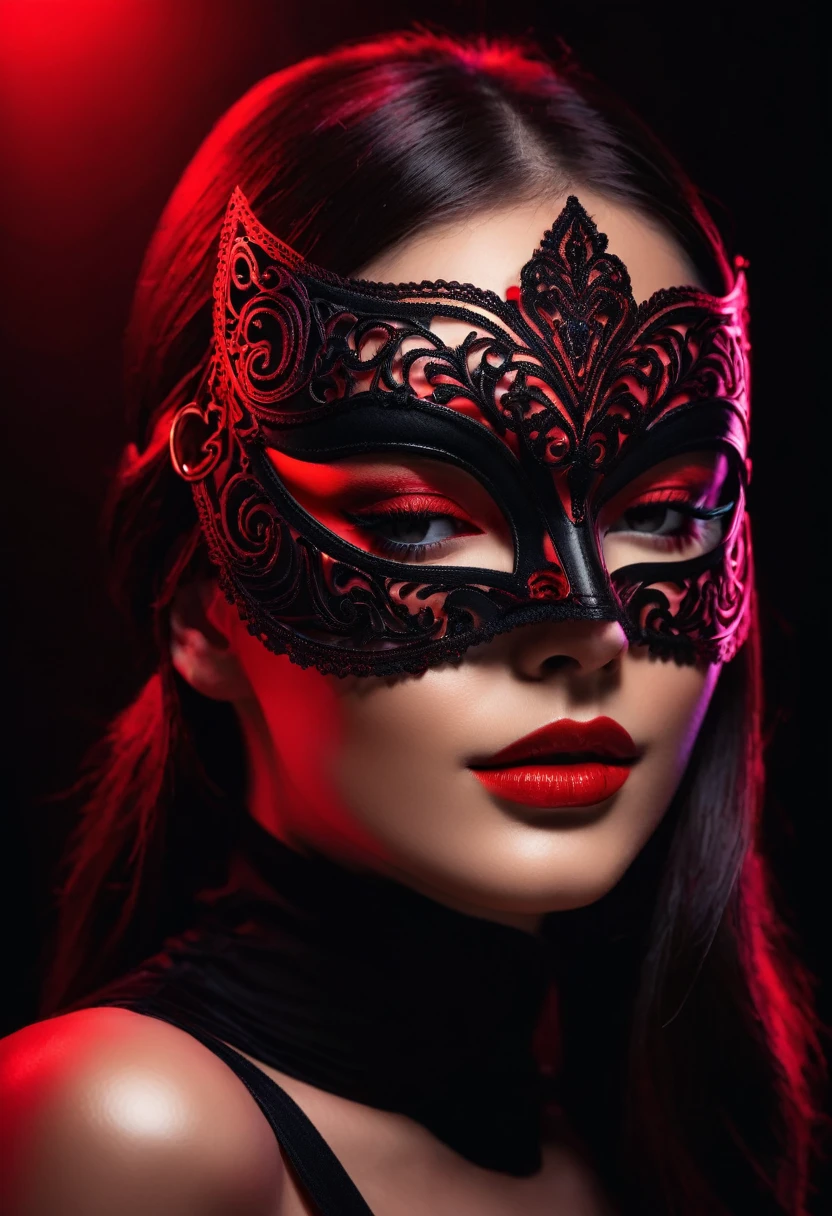 woman with a sensual mask, fashion sexy, black background, 8K, red light