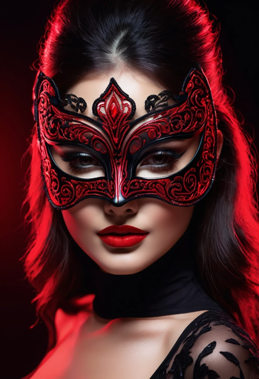 woman with a sensual mask, fashion sexy, black background, 8K, red light