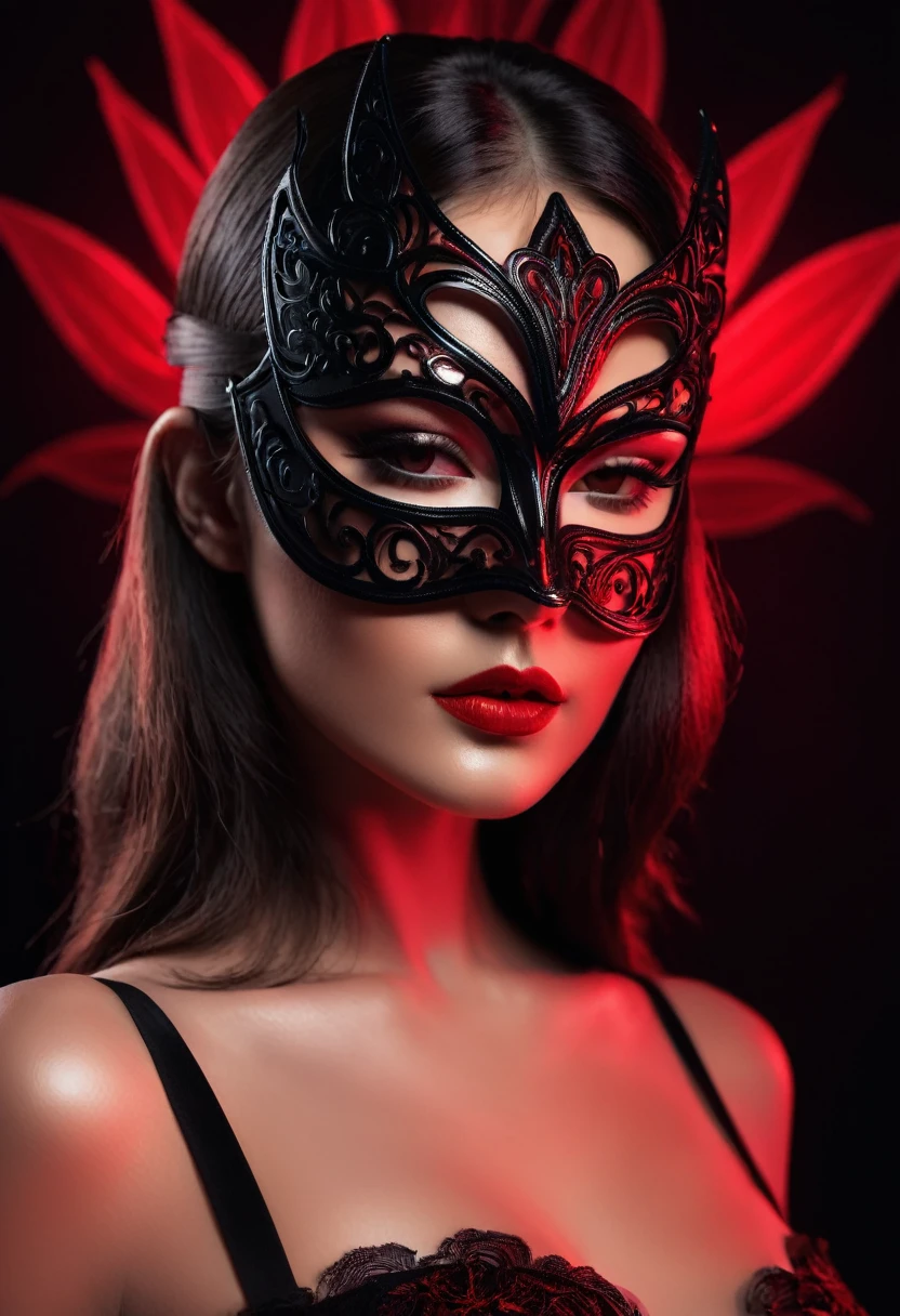 woman with a sensual mask, fashion sexy, black background, 8K, red light
