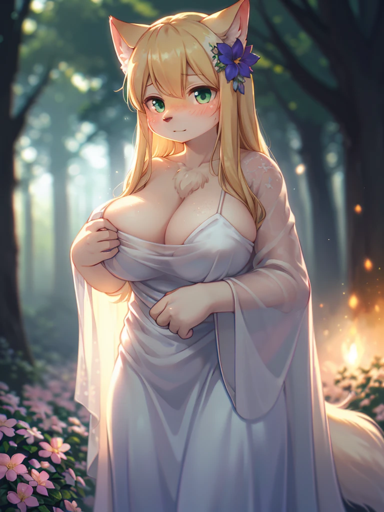 (Sumilux f1.4 75mm , low Latitude old color negative film , cross process , bokeh, flare, chromatic aberration , soft focus, (Shallow focus) , soft glow , Maximum aperture, High Key , Transparent depiction) , blond Mature female wolf , Voluptuous body , hide with hand , (freckles:0.8) , in the twilight foggy forest , (Spirit photography , sheet ghost:1.3) , (Holding two apart melons) , Tamponade , (Gently caress the moist flower)