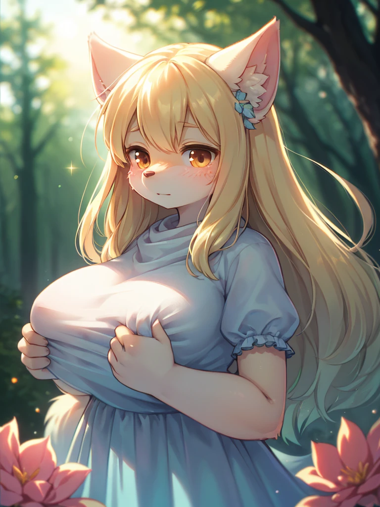 (Sumilux f1.4 75mm , low Latitude old color negative film , cross process , bokeh, flare, chromatic aberration , soft focus, (Shallow focus) , soft glow , Maximum aperture, High Key , Transparent depiction) , blond Mature female wolf , Voluptuous body , hide with hand , (freckles:0.8) , in the twilight foggy forest , (Spirit photography , sheet ghost:1.3) , (Holding two apart melons) , Tamponade , (Gently caress the moist flower)