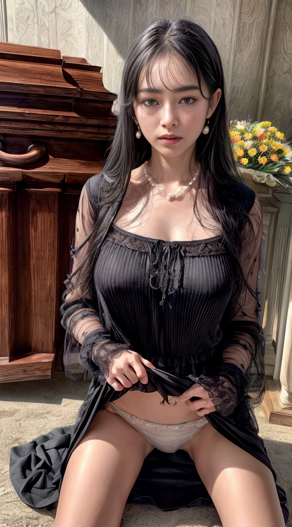 Cowboy Shot、(hairstyle with long bangs)、straggling hair、Black Hair、(Hanging Hair)、((widow))、((mourning dress))、((((Black long sleeve mourning clothes))))、(((Funeral場)))、((((Funeral))))、Black formal wear、Highest quality,(RAW Photos:1.2)、(Realistic:1.4),(High resolution:1.4), 1 Girl, Written boundary depth,, Exquisitely crafted,8K, Very detailed, Perfect lighting, Spectacular Background、((Delicate painting)),(の詳細なRAW Photos),(Highest quality:1.6), (超High resolution:1.5), (Realistic:1.75), 8K resolution, Canon EOS R5, 50mm, Very detailedな,Cinema Lighting,Correct finger、sit、((Spread your legs))、((((Skirt flip))))、Ultra Sexy Panties、Pearl Necklace、Pearl Earrings、(Clothing that covers the chest)、((There is a coffin))、((Minimally revealing clothing))、(The altar is decorated with a bouquet of chrysanthemums..)、candlestick、