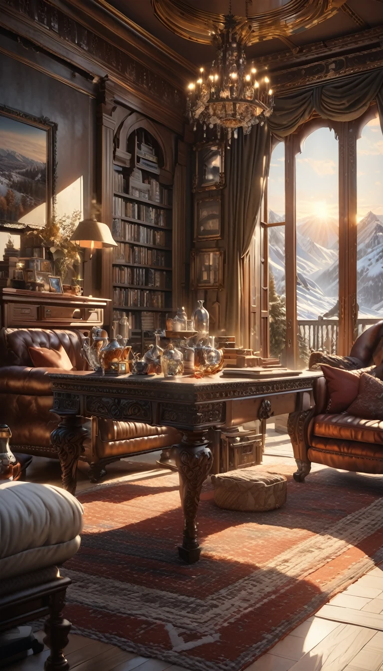 a large library interior, large windows with views of snow-capped mountains, cozy fireplace, antique wooden furniture, bookshelves lining the walls, diffused warm lighting, winter landscape, detailed architectural elements, elegant chandelier, persian rug, armchairs, glass teapot on table, (best quality,4k,8k,highres,masterpiece:1.2),ultra-detailed,(realistic,photorealistic,photo-realistic:1.37),interior design,cinematic lighting,dramatic shadows,intricate details,rich colors,atmospheric