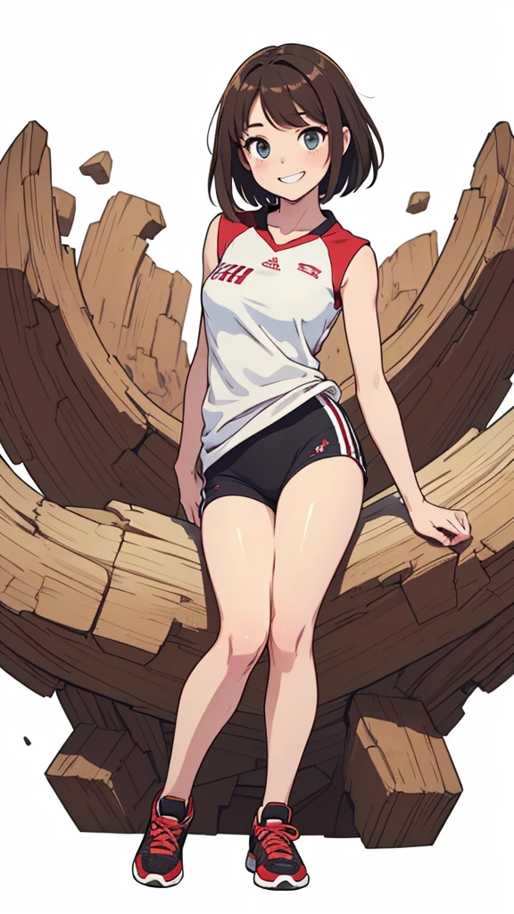 (((masterpiece, best quality, ultra highres, 1 girl, solo, no background))), super detailed skin and face and eyes and finger, beautiful japanese woman, small breasts:1.5, skinny, light brown hair, white background, very short pixie hair, Knee shot, Generate with illustrations, Various expressions, Various poses, Please draw the entire character within the frame, ensuring that the head, arms, and legs are not cut off. The background should be simple, with the character positioned centrally, outline, anime, 2d, boyish, smile showing teeth, sportswear, spread legs,