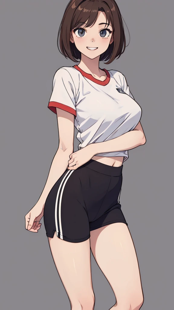 (((masterpiece, best quality, ultra highres, 1 girl, solo, no background))), super detailed skin and face and eyes and finger, beautiful japanese woman, small breasts:1.5, skinny, light brown hair, white background, very short pixie hair, Knee shot, Generate with illustrations, Various expressions, Various poses, Please draw the entire character within the frame, ensuring that the head, arms, and legs are not cut off. The background should be simple, with the character positioned centrally, outline, anime, 2d, boyish, smile showing teeth, sportswear, spread legs,