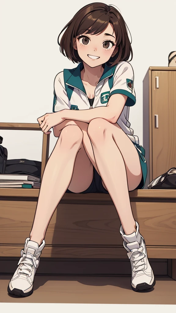 (((masterpiece, best quality, ultra highres, 1 girl, solo, no background))), super detailed skin and face and eyes and finger, beautiful japanese woman, small breasts:1.5, skinny, light brown hair, white background, very short pixie hair, Knee shot, Generate with illustrations, Various expressions, Various poses, Please draw the entire character within the frame, ensuring that the head, arms, and legs are not cut off. The background should be simple, with the character positioned centrally, outline, anime, 2d, boyish, smile showing teeth, sportswear, spread legs,