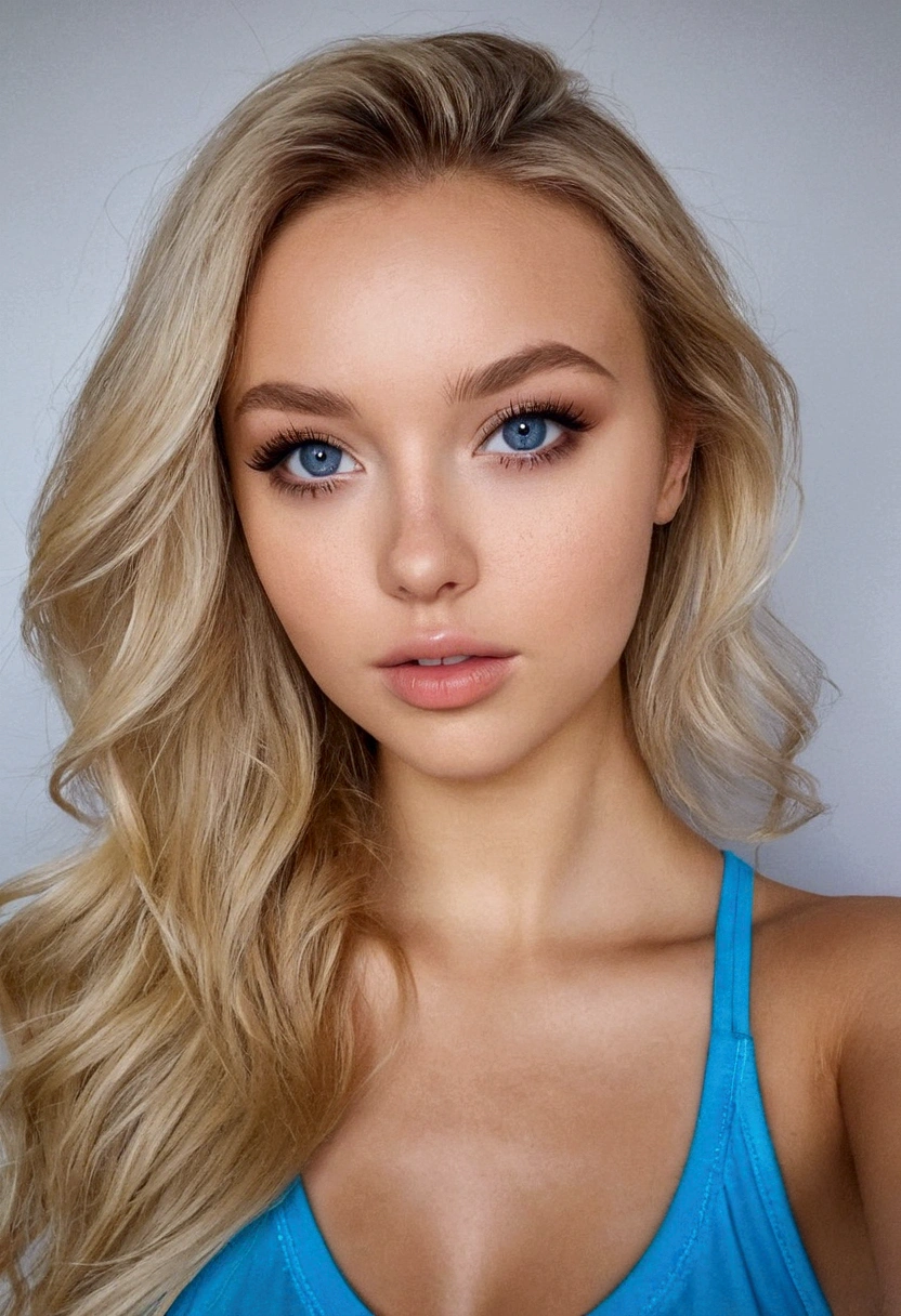 femme avec chemiseet culotte assortis, fille sexy aux yeux bleus, Portrait Sophie Mudd, Portrait de Corinna Kopf, cheveux blonds et grands yeux noisettes, Selfie d'une jeune femme, ohne Maqillage, maquillage naturel, Regardez directement dans la caméra, Visage avec Artgram, maquillage subtil, Superbe photo du corps entier, dans la chambre, gros seins, blond, Latin