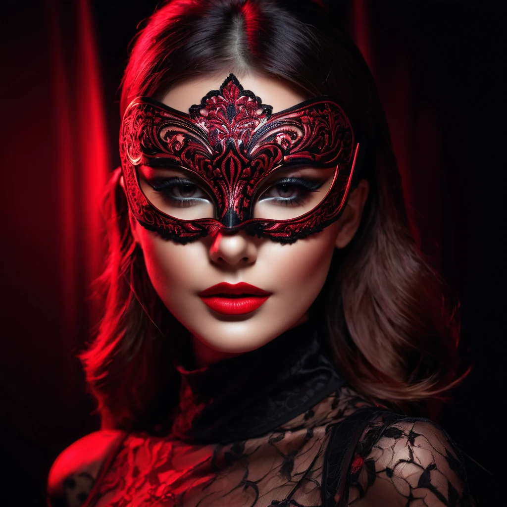 woman with a sensual mask, fashion sexy, black background, 8K, red light