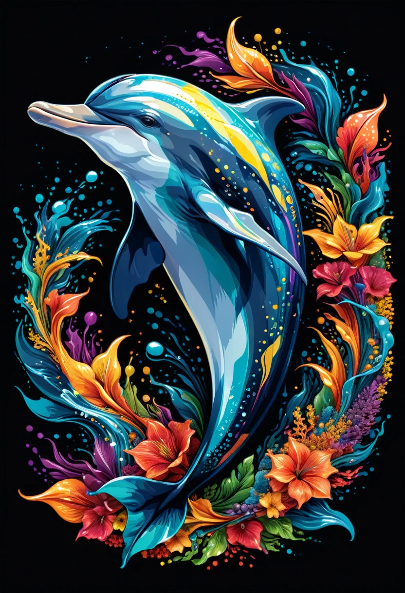 Vector art of a colorful dolphin illustration, high detail, black background
(artwork, best quality, professional, perfect composition, very aesthetic, absurdity, super detailed, intricate details:1.3)