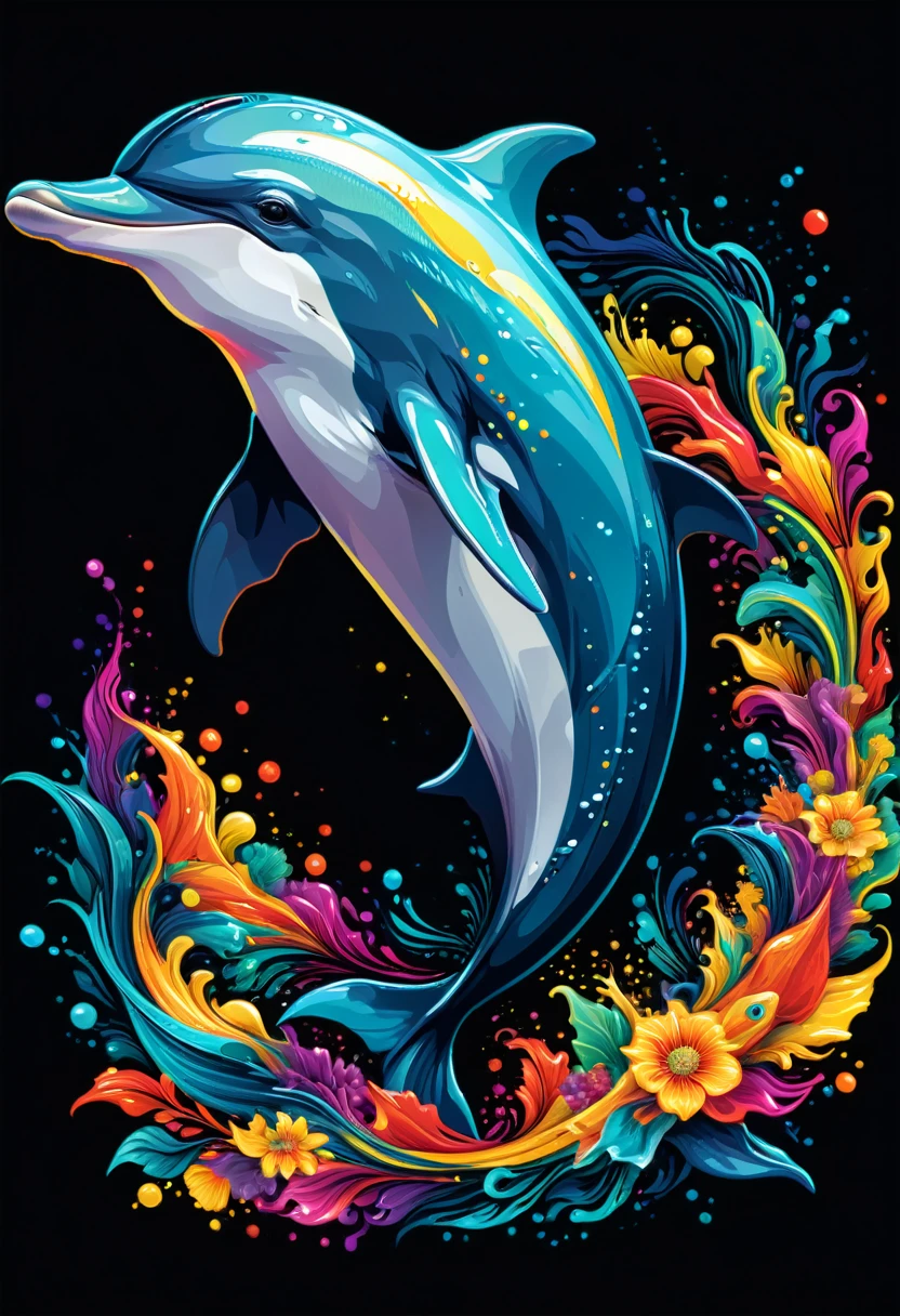 Vector art of a colorful dolphin illustration, high detail, black background
(artwork, best quality, professional, perfect composition, very aesthetic, absurdity, super detailed, intricate details:1.3)