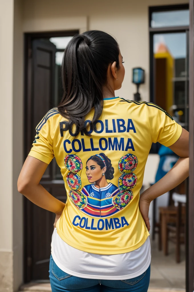 Afro woman with a Colombian national team t-shirt that says belcy
