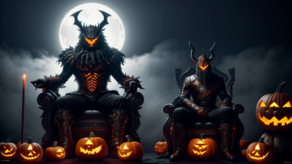 
(ultra high quality) (4k) (perfect details) A Monster with a pumpkin head sitting on a throne, he is surrounded by immense darkness where nothing can be seen other than the fog, he has an Orange staff that has so much power, that only he is able to hold