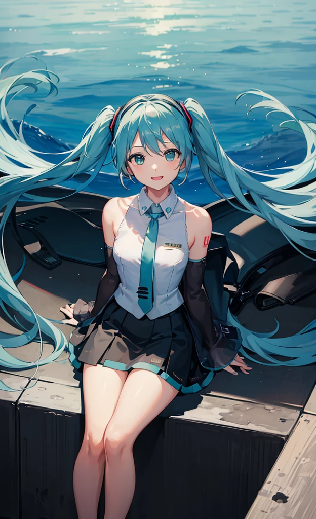 One girl, alone, woman , masterpiece, Beautiful Hands, hatsune miku, White shirt, (Black Skirt:1.3), Blue tie, Bare shoulders, Removable sleeves, 
break
:d, Happy, smile, View your viewers, ✌️,(Opposition:1.5), squat,
break
stage lights,