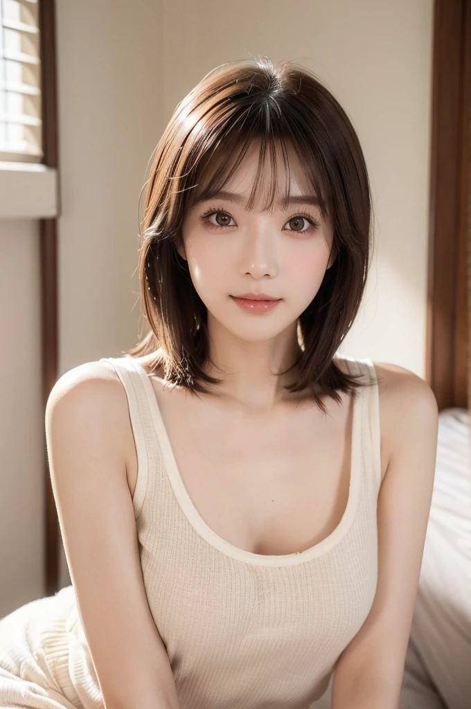 (((Straight, shoulder-length, brown mini bob)))、(((目が細くLight eye makeup)))、((Her Room)), (random, Embarrassingポーズ))、(((white, cute, Tank top))), jeans、Half Japanese and half Korean、25-year-old woman、independent、cute,beautiful, fun、(((Embarrassing, blush))), Light eye makeup、Brown Hair Color, 平均的なbeautiful女性, Ultra-realistic faces、smileの表情、look up、Detailed glossy hair, beautiful髪,Pleasant lighting effects、 Ultra-Realistic Capture、Very detailed、High resolution 16k human skin closeup、((Natural skin texture, Detailed skin、Healthy Skin)), Even Tone, Natural light, Natural Color、High quality photos taken by modeling agencies, To the audience:, smile