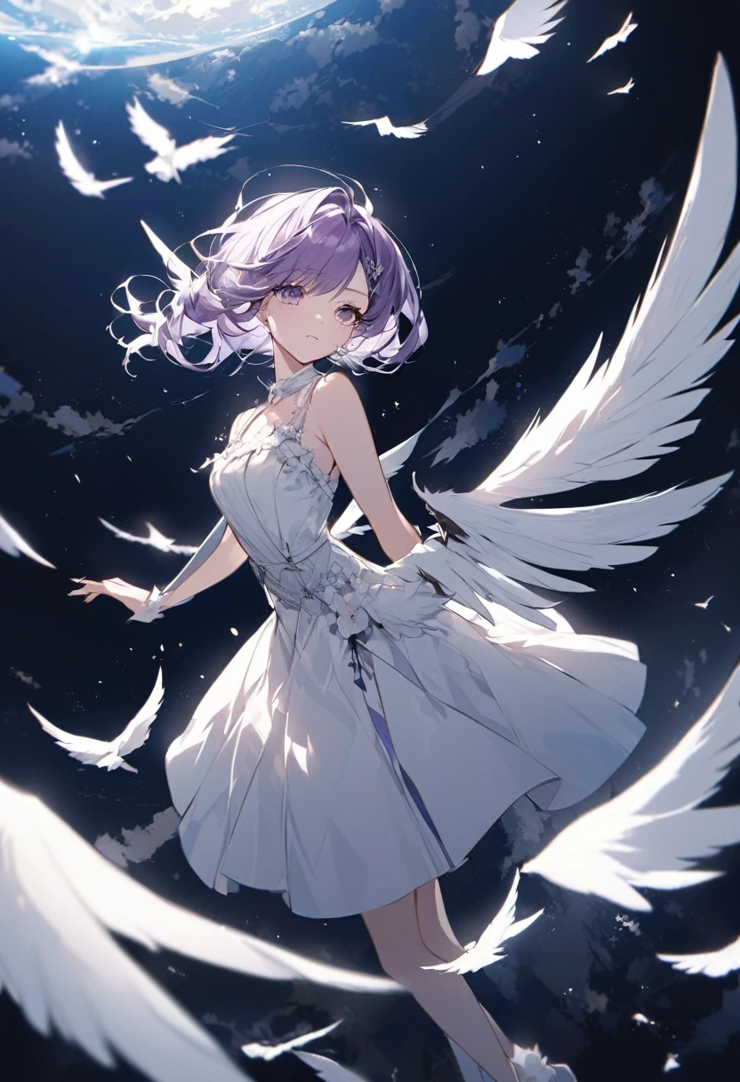 (exceptional, best aesthetic, new, newest, best quality, extremely detailed, :1.2),8k, white theme, blue theme,
a girl with pale-purple hair, a dynamic angle from front, wavy hair blowing in the wind, blunt bangs hair, black and green eyes, A black tank top, small breast, She is floating in the sky, from front, look at viewer, wings of purple light are spreading out.fullbody shot,