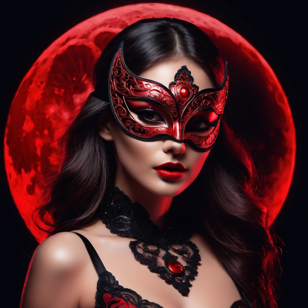 woman with a sensual mask, fashion sexy, black background with moon, 8K, red light