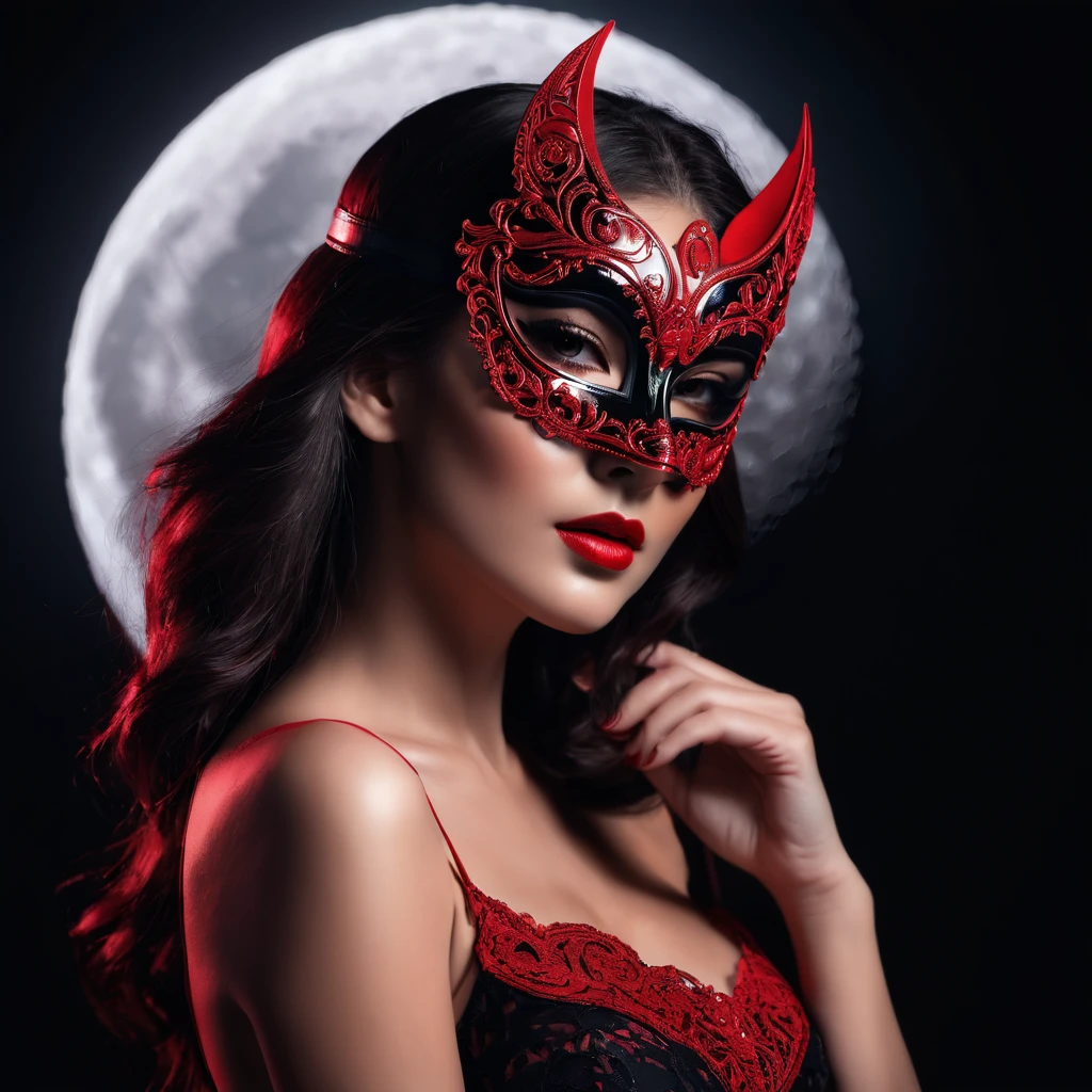 woman with a sensual mask, fashion sexy, black background with moon, 8K, red light