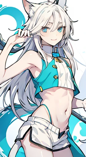 YOUNG BOY, long white hair, Cat's ears, heterochromia, The left eye is yellow、The right eye is blue, fair turquoise top, SLEEVELESS, shorts, open tummy, White pattern on clothes, ssmile, dagger, work of art, high qualiy