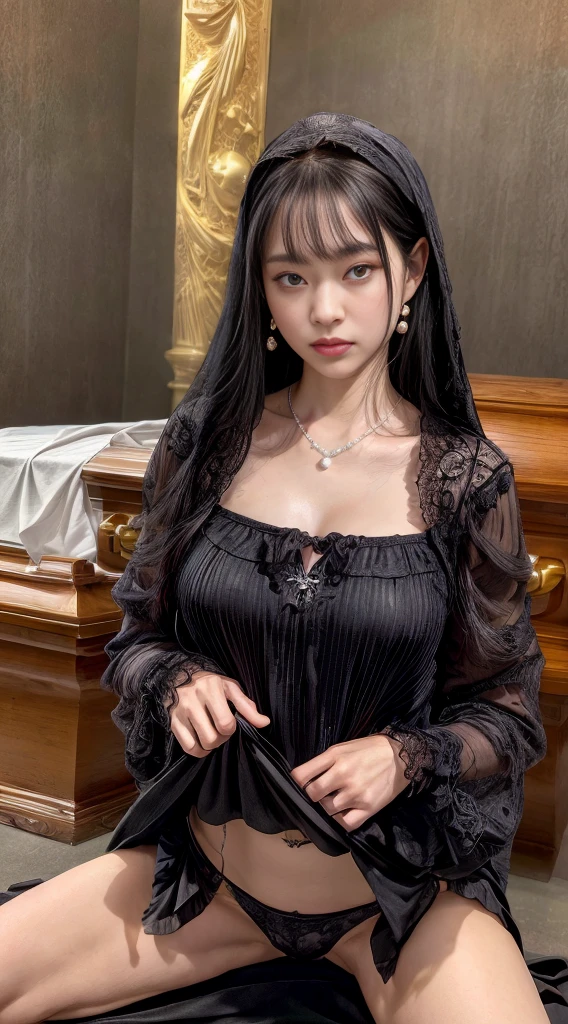 Cowboy Shot、(hairstyle with long bangs)、straggling hair、Black Hair、(Hanging Hair)、((widow))、((mourning dress))、((((Black long sleeve mourning clothes))))、(((Funeral場)))、((((Funeral))))、Black formal wear、Highest quality,(RAW Photos:1.2)、(Realistic:1.4),(High resolution:1.4), 1 Girl, Written boundary depth,, Exquisitely crafted,8K, Very detailed, Perfect lighting, Spectacular Background、((Delicate painting)),(の詳細なRAW Photos),(Highest quality:1.6), (超High resolution:1.5), (Realistic:1.75), 8K resolution, Canon EOS R5, 50mm, Very detailedな,Cinema Lighting,Correct finger、sit、((Spread your legs))、((((Skirt flip))))、Ultra Sexy Panties、Pearl Necklace、Pearl Earrings、(Clothing that covers the chest)、((There is a coffin))、((Minimally revealing clothing))、(The altar is decorated with a bouquet of chrysanthemums..)、candlestick、