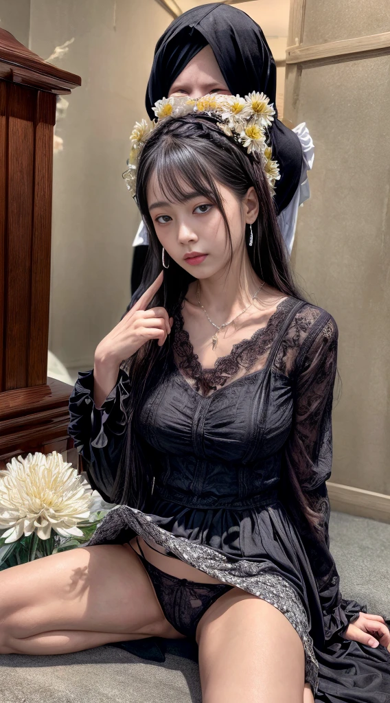 Cowboy Shot、(hairstyle with long bangs)、straggling hair、Black Hair、(Hanging Hair)、((widow))、((mourning dress))、((((Black long sleeve mourning clothes))))、(((Funeral場)))、((((Funeral))))、Black formal wear、Highest quality,(RAW Photos:1.2)、(Realistic:1.4),(High resolution:1.4), 1 Girl, Written boundary depth,, Exquisitely crafted,8K, Very detailed, Perfect lighting, Spectacular Background、((Delicate painting)),(の詳細なRAW Photos),(Highest quality:1.6), (超High resolution:1.5), (Realistic:1.75), 8K resolution, Canon EOS R5, 50mm, Very detailedな,Cinema Lighting,Correct finger、sit、((Spread your legs))、((((Skirt flip))))、Ultra Sexy Panties、Pearl Necklace、Pearl Earrings、(Clothing that covers the chest)、((There is a coffin))、((Minimally revealing clothing))、(The altar is decorated with a bouquet of chrysanthemums..)、candlestick、