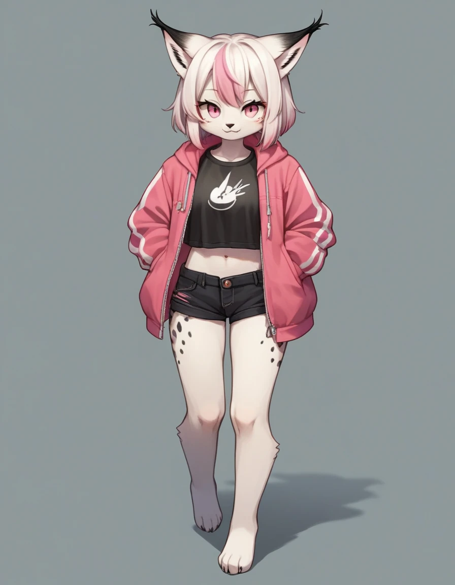 (By hyattlen, by fumiko, by claweddrip:1.3), Cute white anthro furry wolf boy, male, white fur, white fluffy body, black nose, (cute snout:1.1), white fluffy tail, short white hair, detailed magenta eyes, black eyeliner, wearing an oversized white t shirt, pink shorts, standing outside in a busy shopping center, winking, wearing thigh high leggings, toeless leggings, femboy, twink, highly detailed, masterpiece, very detailed eyes