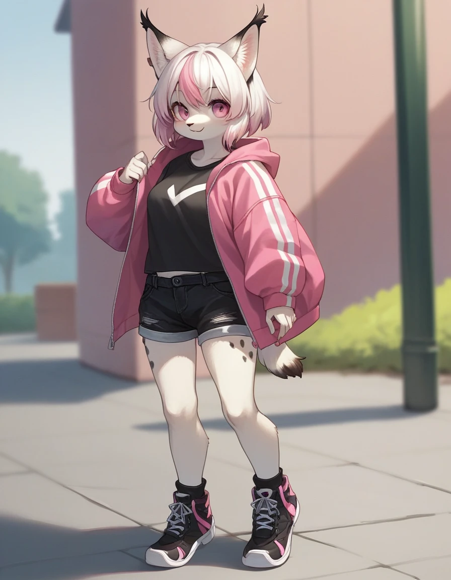 , score_9,score_8_up,score_7_up, source_cartoon, kemono style, an Anthro furry albino lynx girl, white furry body, black lynx spots, black ear tips, short white hair with pink tips on hair, pink highlights in hair, pink eyes, wearing pink and white parka, black short shorts, seductive, standing, full body shot, feet paws, 4 toes