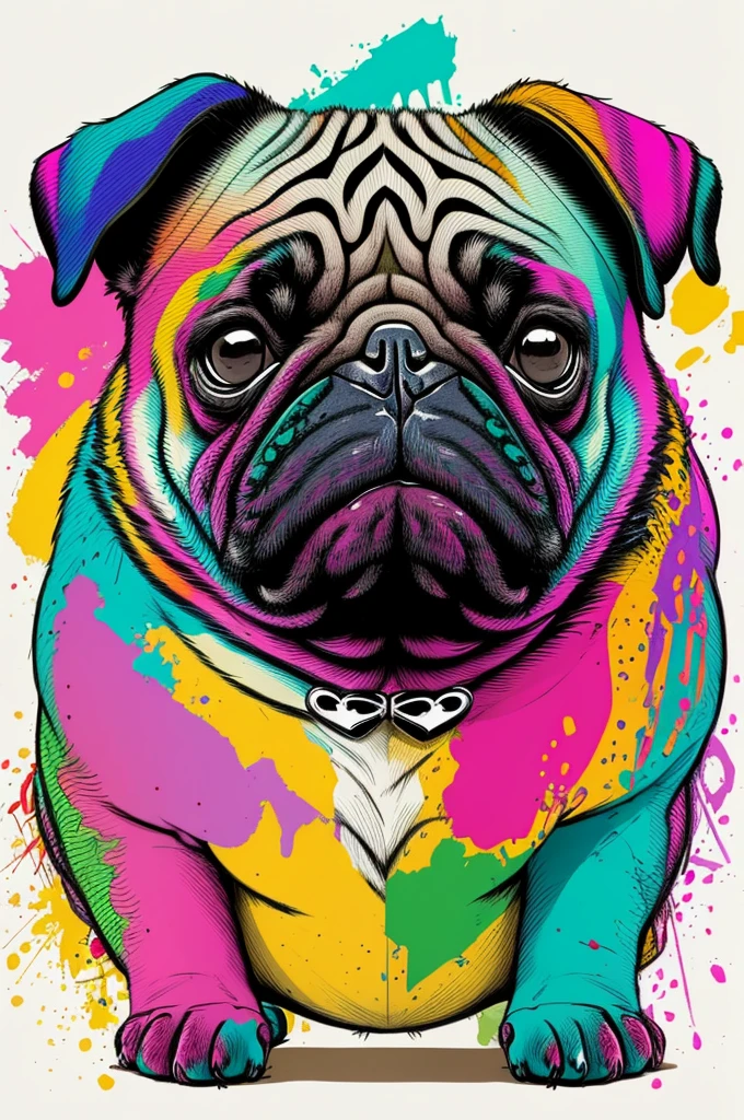 A chubby pug depicted in Pop Art style by the skilled hand of Carne Griffiths, high resolution and carefully detailed, with vibrant colors that pop, centered in the frame for a bold and striking presentation.