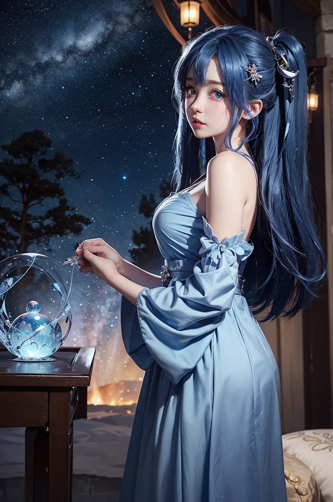 Ultra HD、A beautiful blue-haired character、Very large eyes like in an anime、Red burning cheeks、Night scene with starry sky background、Wearing a gorgeous dress、Subtle details、A fantastic atmosphere、Anime style