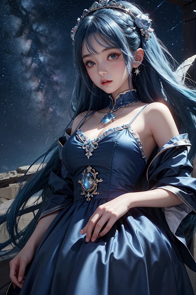 Ultra HD、A beautiful blue-haired character、Holding a blue crystal in both hands、Cute big eyes、close、Red burning cheeks、Night scene with starry sky background、fortune teller、Wearing a gorgeous dress、Subtle details、A fantastic atmosphere、Anime style