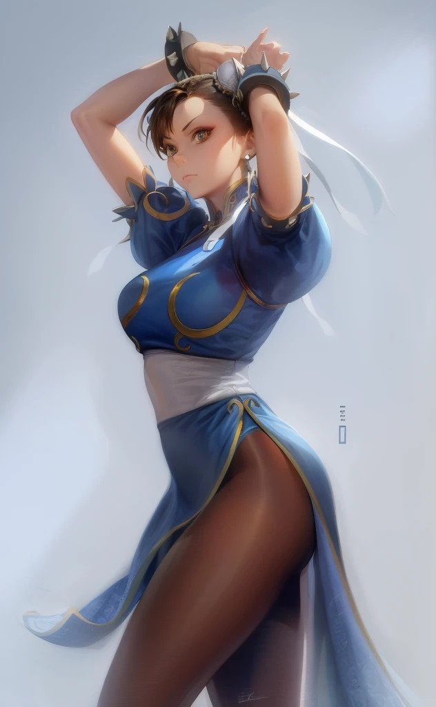perfect eyes:1.2, detailed eyes:1.4, ChunLi, red eyeshadow:1.2, closed mouth, makeup:1.2, white belt, qipao, nature, tree, brown eyes, short hair, brown hair, double bun, bun cover, blue dr.ess, pelvic curtain, spiked bracelet, sash, brown pantyhose, cowboy shot, 1girl, solo, (masterpiece:1.6, best quality), 8k, insane details, intricate details, hyperdetailed, hyper quality, high detail, ultra detailed, professional, HDR, ray tracing reflection, cinematic lighting,