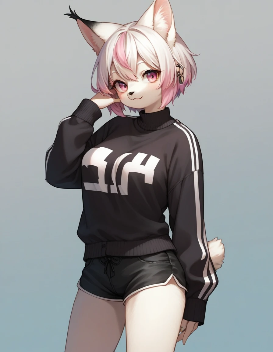 , score_9,score_8_up,score_7_up, source_cartoon, kemono style, an Anthro furry albino lynx girl, white furry body, black lynx spots, black ear tips, short white hair with pink tips on hair, pink highlights in hair, pink eyes, wearing pink and white parka, black short shorts, seductive, standing, upper body shot