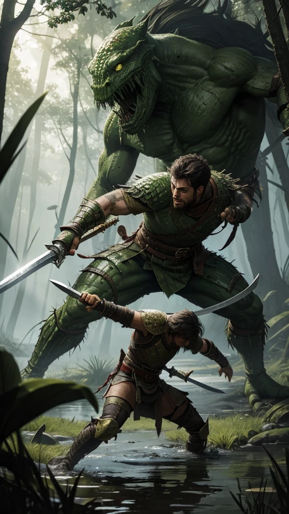 Warrior fighting with sword against a swamp monster 