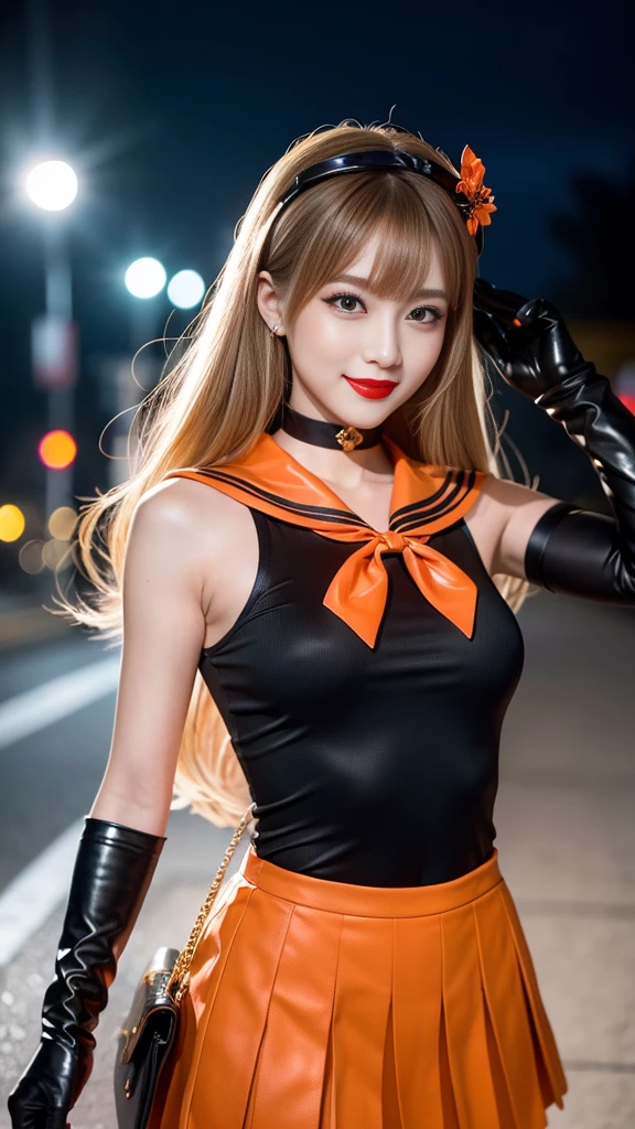 best quality、ultra-detailed、8K、Japanese、Japanese、Seductive beauty、seductive adult woman、Pretty Woman、cool girl、smirk、Wicked Smile、masterpiece、best quality、highres、1girl、独奏、slender、looking at viewer、standing、sv1、1, sailor senshi uniform, Orange skirt, pleated skirt, Miniskirt, orange sailor collar, elbow gloves, black gloves, tiara, hair bow, red bow, choker, orange choker, black leotard, blonde hair, very long hair, jewelry, grin, blush, blonde hair,young, beautiful Japanese actress wearing villainous costume inspired by female demon. costume is glossy bodysuit with pink and black color scheme. Her headpiece and makeup are uniquely themed around lipstick and cosmetic bottles, with headpiece. Her makeup features villainous-style, with bold lipstick and dramatic eyeshadow. She is smiling enticingly, capturing essence of charismatic but dangerous character, action battle pose. at night, outdoor, town、Brown hair、wavy hair、swept bangs、piercing eyes、skin color pantyhose、night、inside darkroom、hand hold pantyhose、Are standing、shoot from below、Offer、shoot from below、Swear allegiance、I have pledged my allegiance、