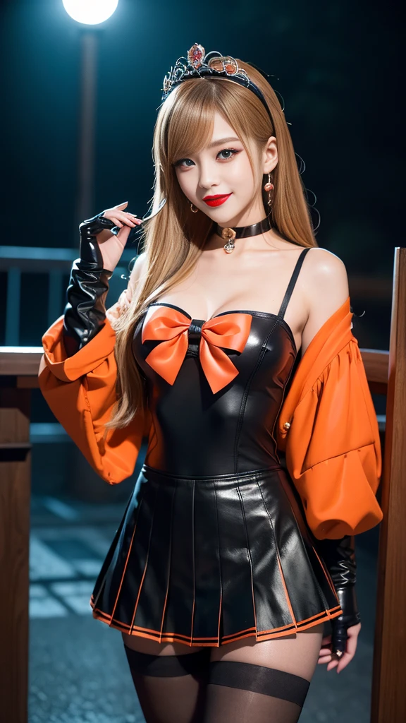 best quality、ultra-detailed、8K、Japanese、Japanese、Seductive beauty、seductive adult woman、Pretty Woman、cool girl、smirk、Wicked Smile、masterpiece、best quality、highres、1girl、独奏、slender、looking at viewer、standing、sv1、1, sailor senshi uniform, Orange skirt, pleated skirt, Miniskirt, orange sailor collar, elbow gloves, black gloves, tiara, hair bow, red bow, choker, orange choker, black leotard, blonde hair, very long hair, jewelry, grin, blush, blonde hair,young, beautiful Japanese actress wearing villainous costume inspired by female demon. costume is glossy bodysuit with pink and black color scheme. Her headpiece and makeup are uniquely themed around lipstick and cosmetic bottles, with headpiece. Her makeup features villainous-style, with bold lipstick and dramatic eyeshadow. She is smiling enticingly, capturing essence of charismatic but dangerous character, action battle pose. at night, outdoor, town、Brown hair、wavy hair、swept bangs、piercing eyes、skin color pantyhose、night、inside darkroom、hand hold pantyhose、Are standing、shoot from below、Offer、shoot from below、Swear allegiance、I have pledged my allegiance、