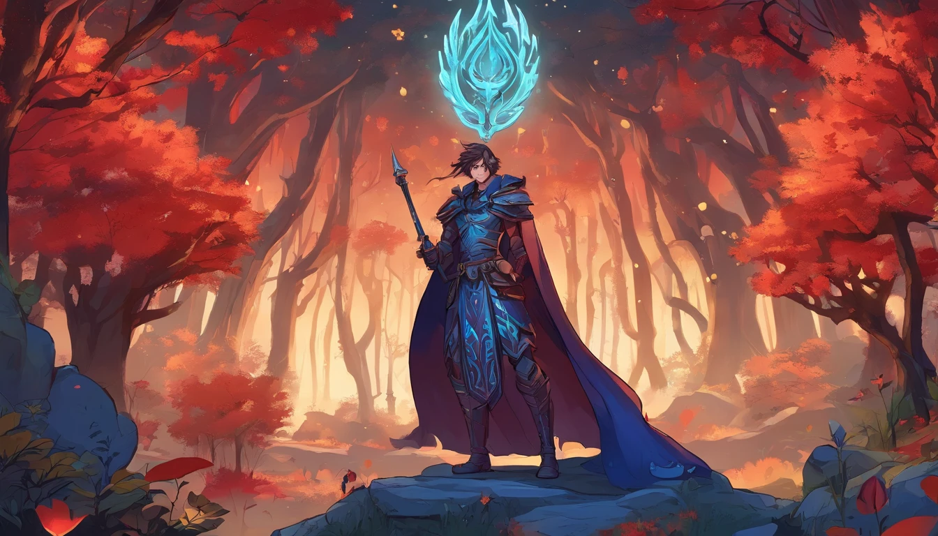 Ancient anime style, artbook, comicbook, RPG, futuristic medieval. In a magical forest with lush tones, with magical flourishing vegetation, giant flourishing trees, with shining stars in the sky, flourishing clouds. Wide scenery, with two vanishing points, cinematic scene with several layers of depth, dynamics, magical lighting. A flying fairy demon elf wizard, wearing blue medieval magic armor with glowing magic markings, dynamic pose, full body, human face with glowing blue magic tribal tattoos with fancy tones, magic stone matte red skin with glowing carved markings, demon features and fairy, horn with glowing red magic markings, red demon tail, blooming blue fairy wing, glowing eyes, wearing a red demon horn magic dagger with glowing magic markings.