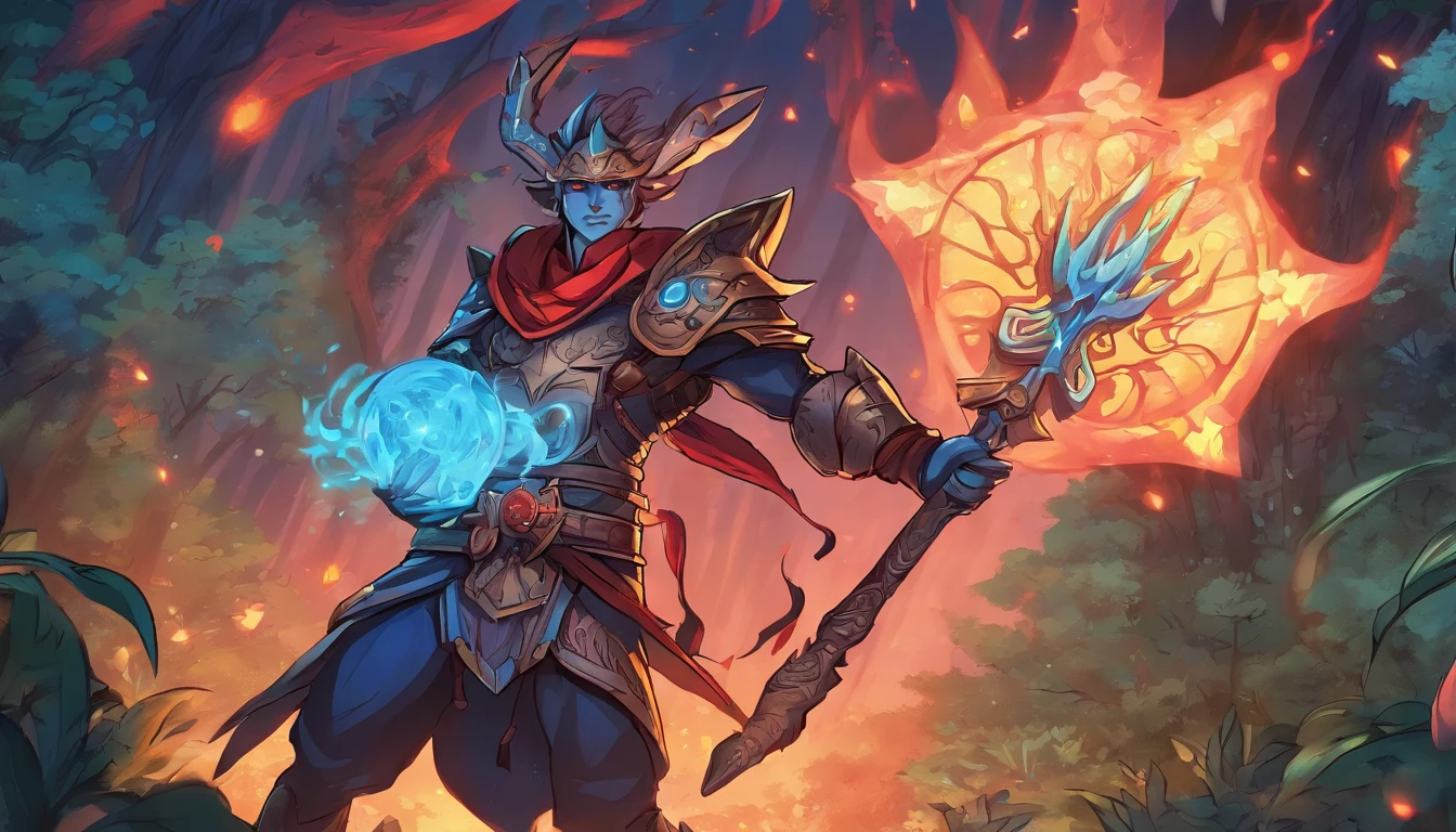 Ancient anime style, artbook, comicbook, RPG, futuristic medieval. In a magical forest with lush tones, with magical flourishing vegetation, giant flourishing trees, with shining stars in the sky, flourishing clouds. Wide scenery, with two vanishing points, cinematic scene with several layers of depth, dynamics, magical lighting. A flying fairy demon elf wizard, wearing blue medieval magic armor with glowing magic markings, dynamic pose, full body, human face with glowing blue magic tribal tattoos with fancy tones, magic stone matte red skin with glowing carved markings, demon features and fairy, horn with glowing red magic markings, red demon tail, blooming blue fairy wing, glowing eyes, wearing a red demon horn magic dagger with glowing magic markings.