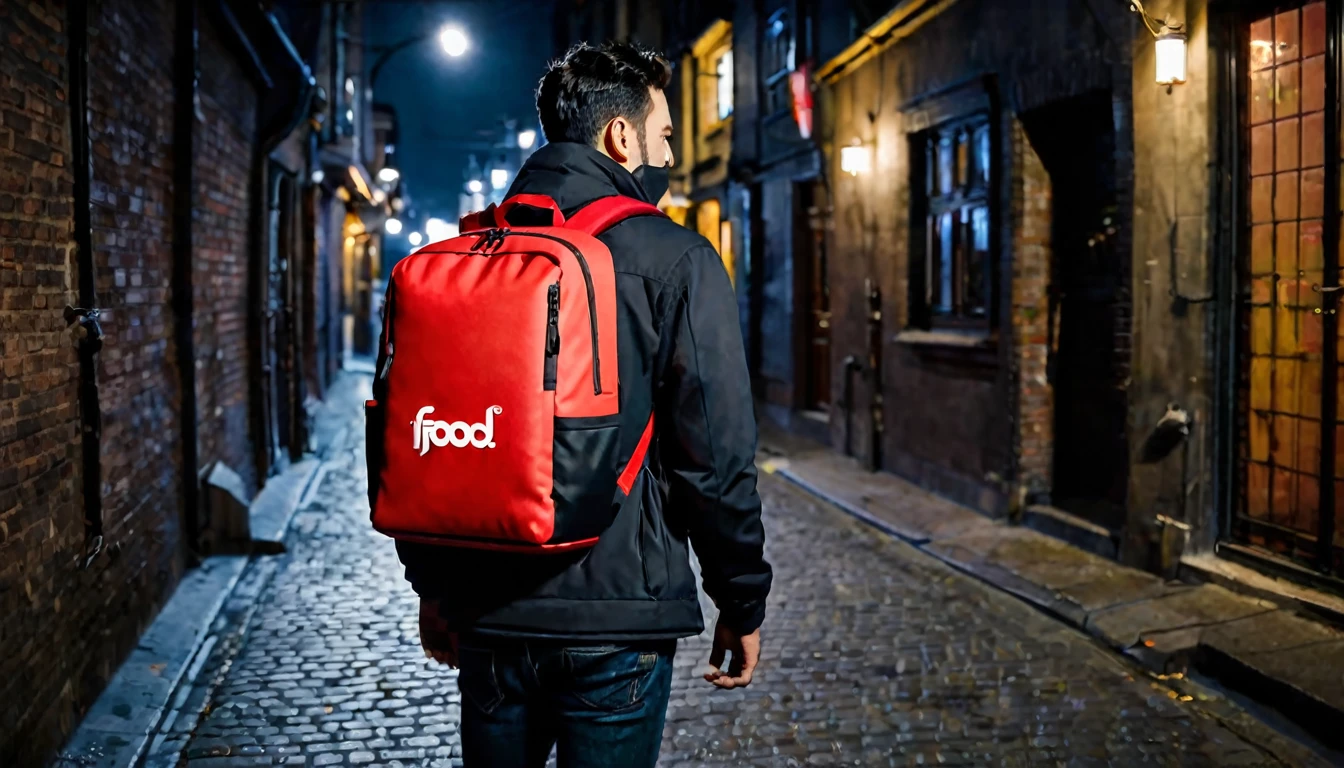 Ifood delivery man, large Ifood thermal backpack on his back, he has his back to the camera, right corner of the screen, sinister night, dark street, suspenseful atmosphere