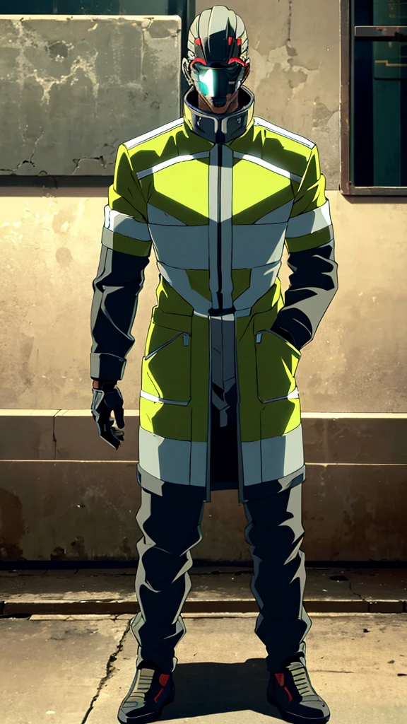 Male, fully cybernetic, full 'borg, military special forces cyborg, wearing futuristic armored trenchcoat, cybernetic body and head, head and face covered by visor, full body shot, fully in frame, standing at attention, hands in pockets, Edgerunners style, edgerunners_style