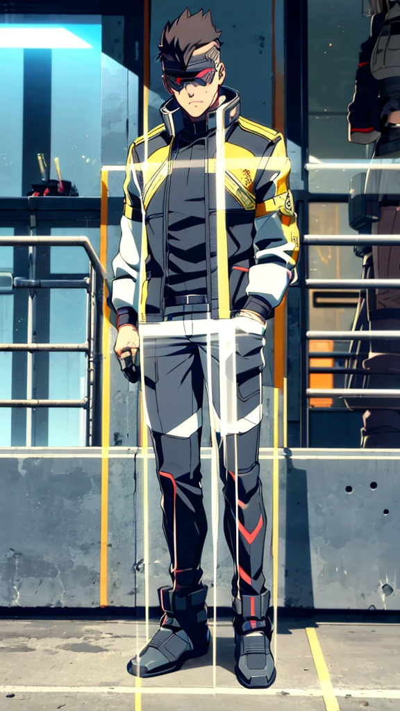 Male, fully cybernetic, full 'borg, military special forces cyborg, wearing futuristic armored trenchcoat, cybernetic body and head, head and face covered by visor, full body shot, fully in frame, standing at attention, hands in pockets, Edgerunners style, edgerunners_style