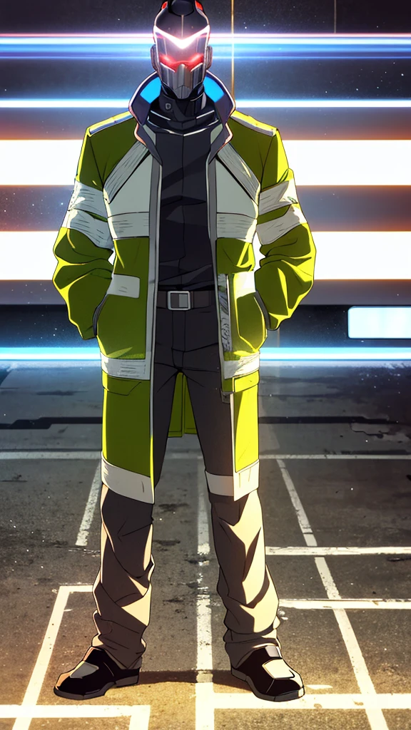 Male, fully cybernetic, full 'borg, military special forces cyborg, wearing futuristic armored trenchcoat, cybernetic body and head, head and face covered by visor, full body shot, fully in frame, standing at attention, hands in pockets, Edgerunners style, edgerunners_style